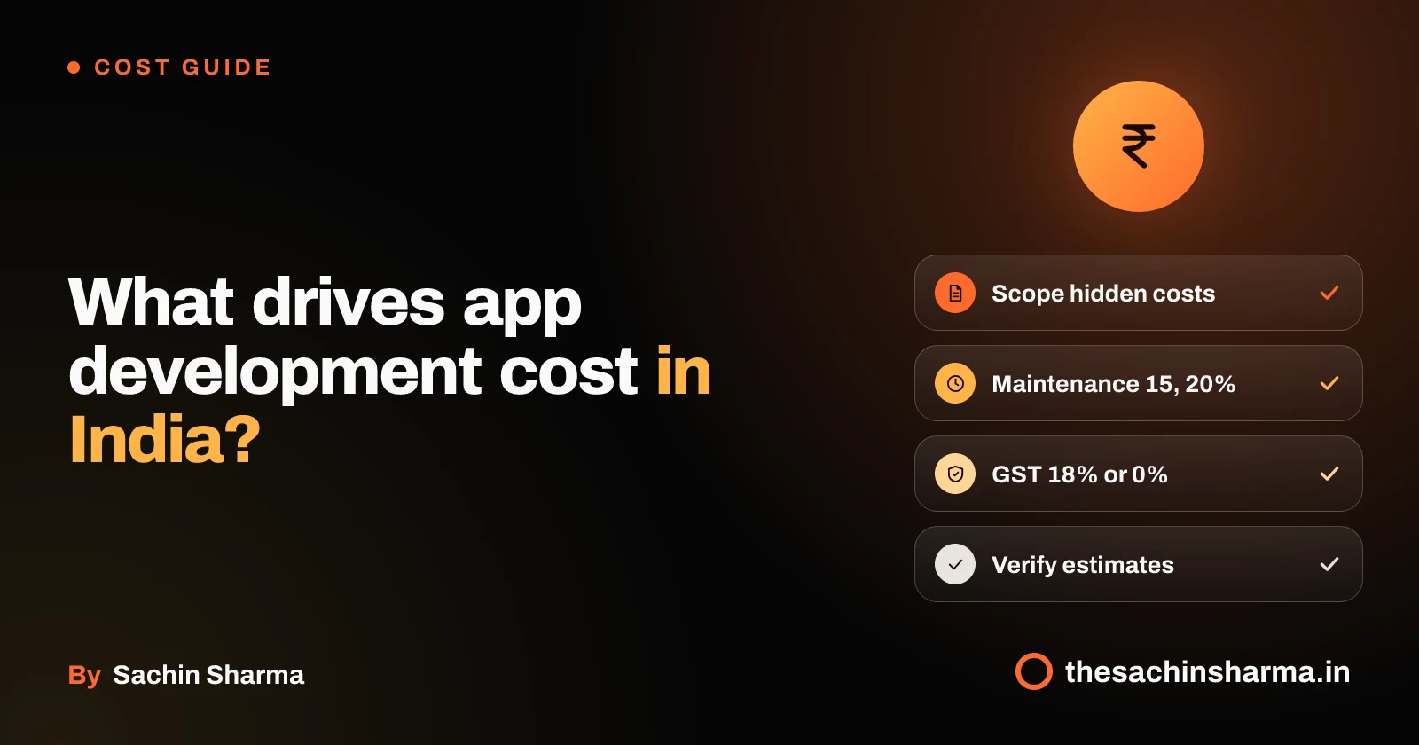 Premium card layout with rupee icon and chips on scope, cost, GST, verification