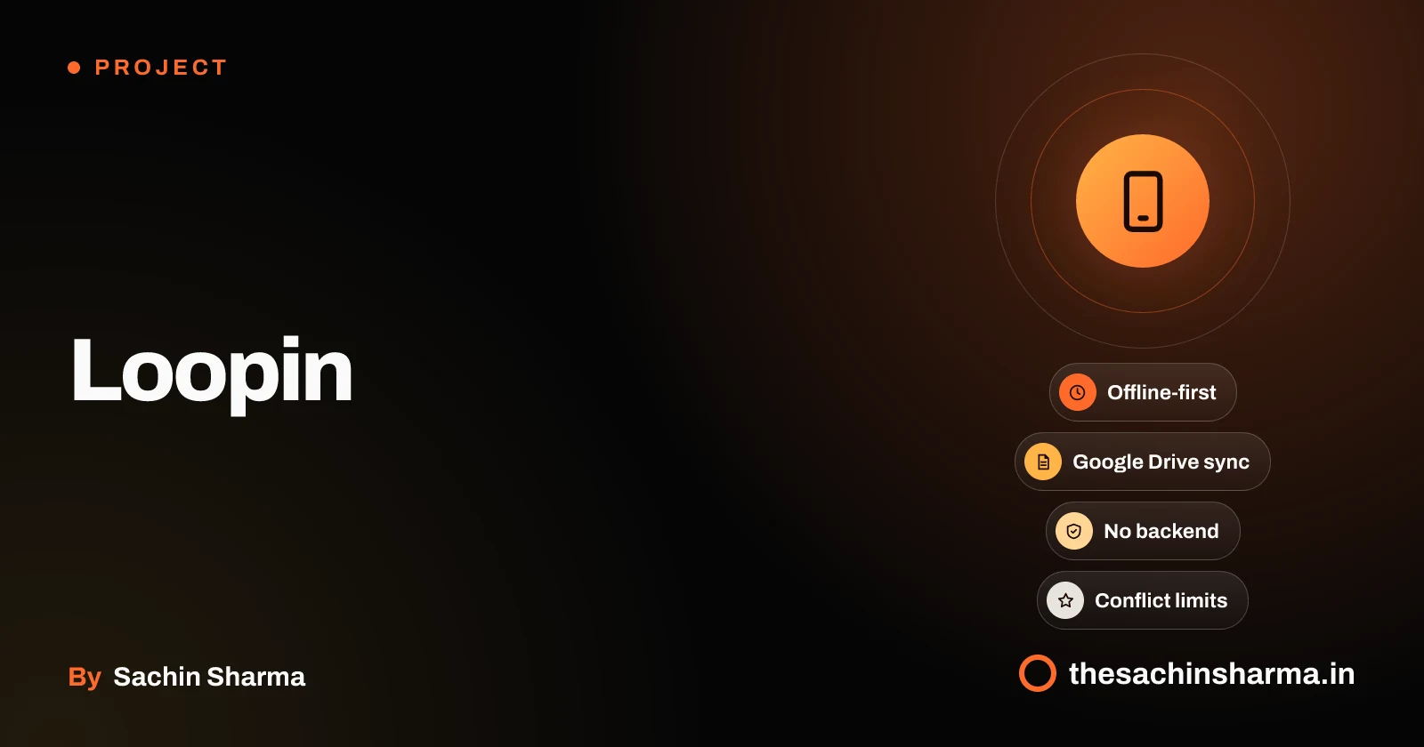 Orbital design with phone at center and sync, offline, no backend, conflict chips around